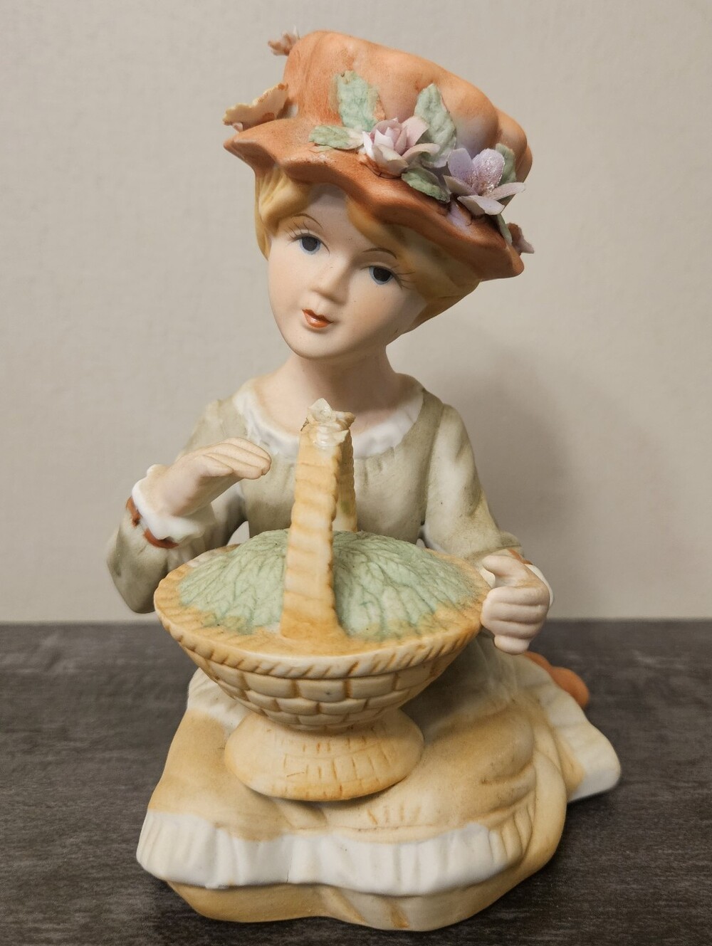 Vintage Bisque Porcelain Girl Figurine with Flower Basket